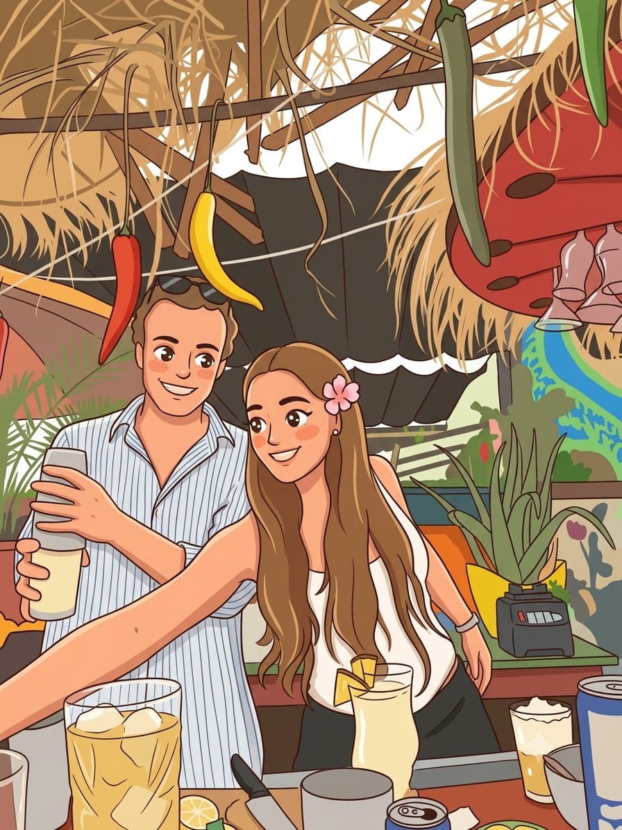 Ilustración de Gerrit y Limonchito brindando en un chiringuito